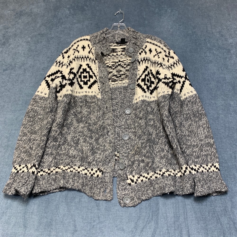 Context Cardigan Sweater Womens 1X Cream Gray Geometric Chunky Knit Button Front